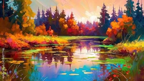 illustration of beautiful lakeside nature landscape, Generative Ai