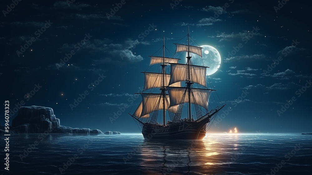 Obraz premium Sailing ship in the sea at full moon night.generative ai