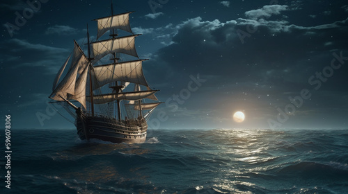 Sailing ship in the sea at full moon night.generative ai