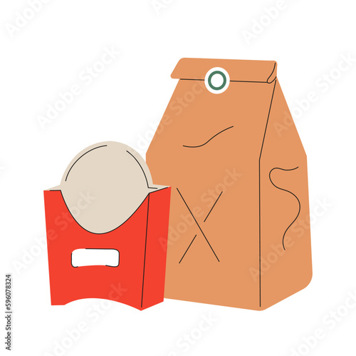 Food takeaway carton package vector. Lunch boxes. Cardboard cups, recyclable paper boxes.