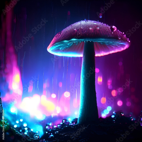 luminous backlit glowing forest mushroom, drops, neon lights around the mushroom, faded, hyperdetailed,create in generative IA  photo