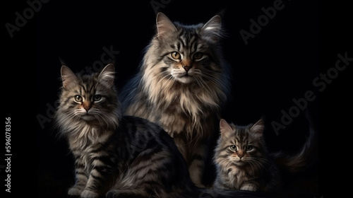 Group of four Maine Coon cats in front of a black background.generative ai