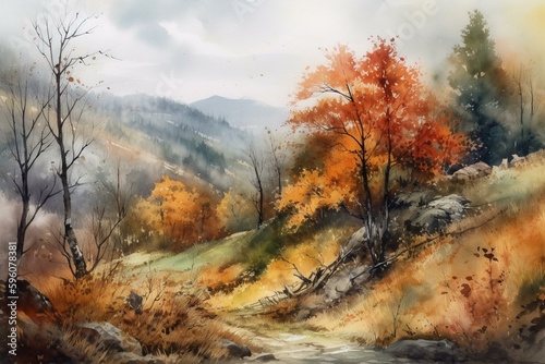 Watercolor painting of fall landscape. Generative AI