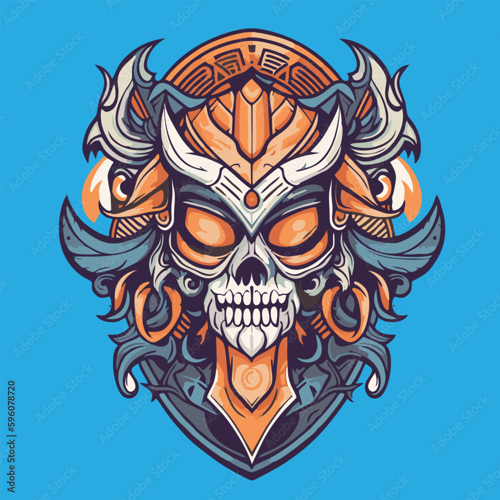 Gothic skull with ornament on blue background. Vector illustration