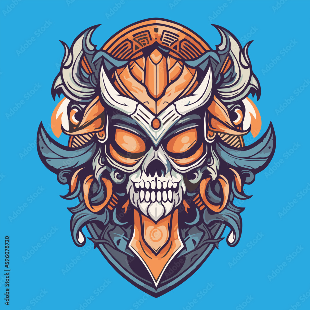 Fototapeta premium Gothic skull with ornament on blue background. Vector illustration