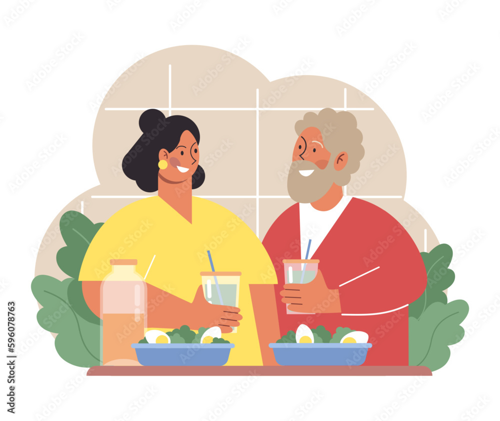 People eating healthy food. Family members or friends eating dishes People eating healthy food. Family members or friends eating dishes