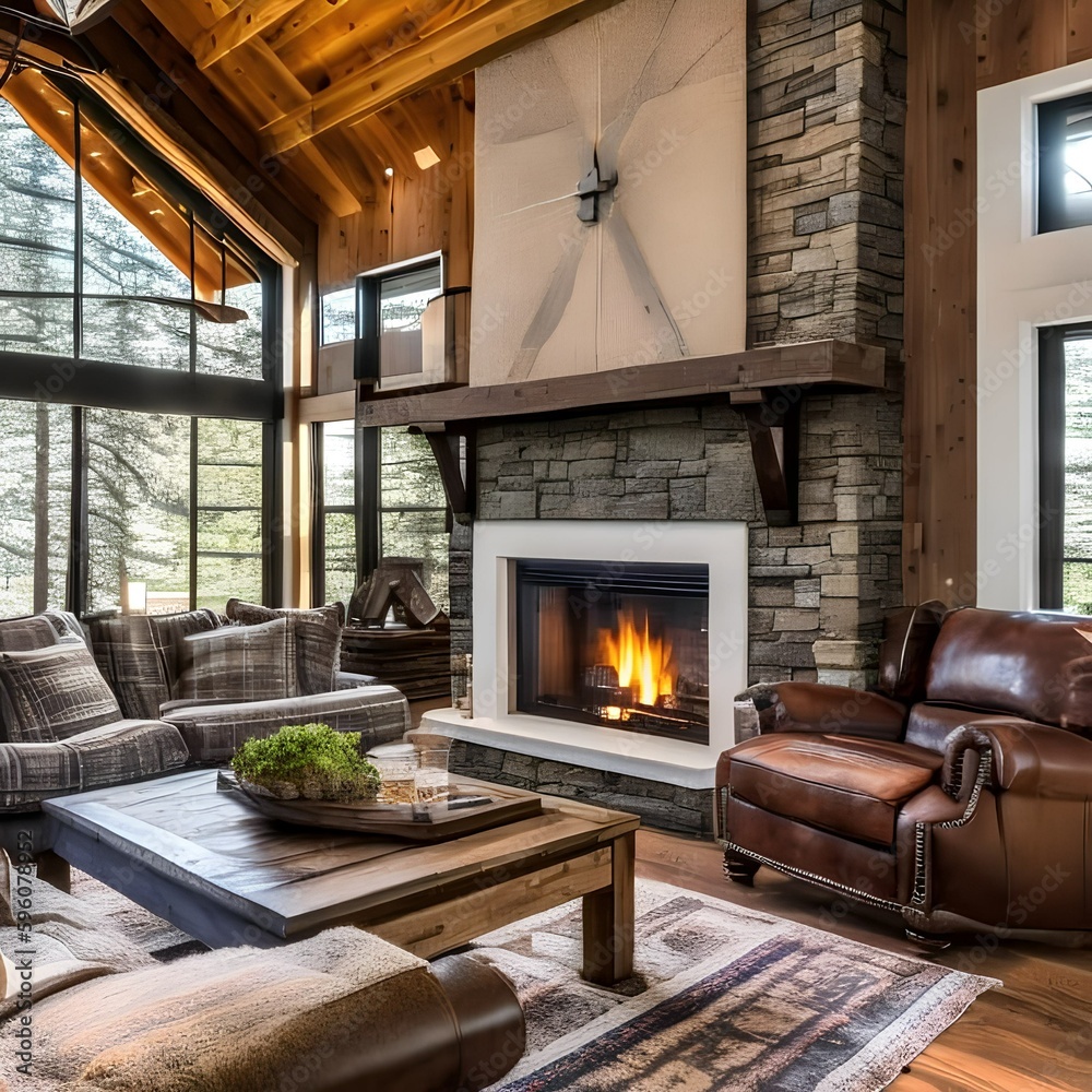 3 A cozy, rustic living room with a mix of leather and plaid upholstery, a large stone fireplace, and a mix of natural textures2, Generative AI 3 A cozy, rustic living room with a mix of leather and plaid upholstery, a large stone fireplace, and a mix of natural textures2, Generative AI