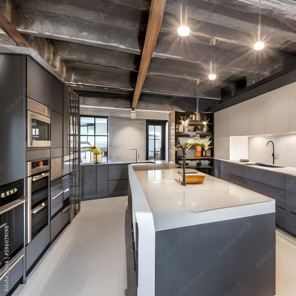 3 A modern, industrial-inspired kitchen with a mix of concrete and metal finishes, a large island with a built-in stove, and a mix of open and closed storage3, Generative AI 3 A modern, industrial-inspired kitchen with a mix of concrete and metal finishes, a large island with a built-in stove, and a mix of open and closed storage3, Generative AI