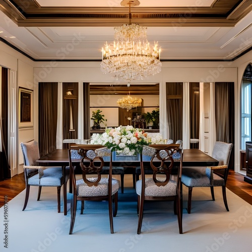 4 A traditional-style dining room with a mix of upholstered and wooden chairs, a classic wooden table, and a large, formal chandelier3, Generative AI © Ai.Art.Creations