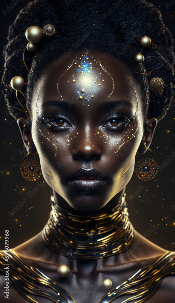 Beautiful afro girl, portrait of an alien brunette in a space outfit. Woman in cyberspace. Created with AI.