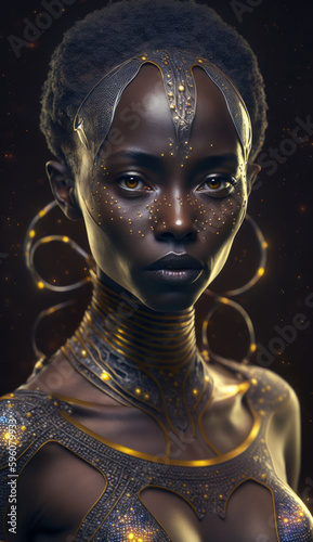 Beautiful afro girl  portrait of an alien brunette in a space outfit. Woman in cyberspace. Created with AI.