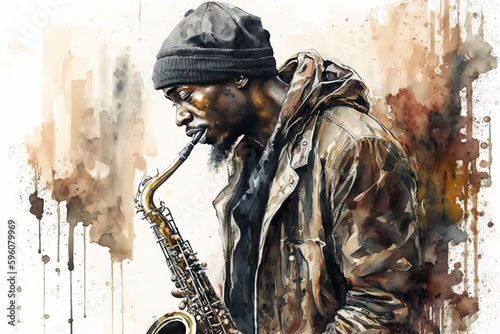 Generative AI. Street jazz musician watercolor illustration. Saxophone player