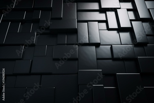 Polished black wallpaper with 3D rectangular blocks. Futuristic and sleek background with a tile pattern. Generative AI © Cressida