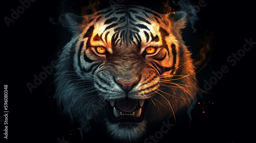 tiger with fire on a black background.generative ai