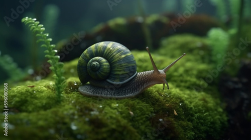 Two snails on a green leaf on a dark background close up.generative ai © S...