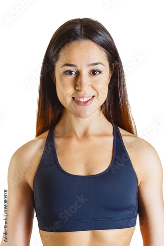 Close up smile good mood cheerful fit athletic bodybuilder sporty woman girl in black top on a white background cute pretty smiling fitness