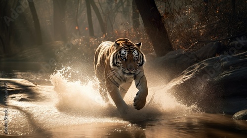 Feel the raw power and energy of wildlife with this stunning stock photo of a majestic tiger galloping through a river