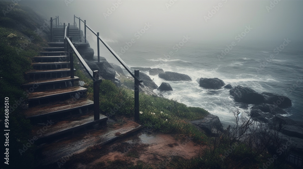 Staircase leading to the sea with fog in the morning.generative ai