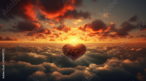 Heart shaped cloudscape with sunset.generative ai