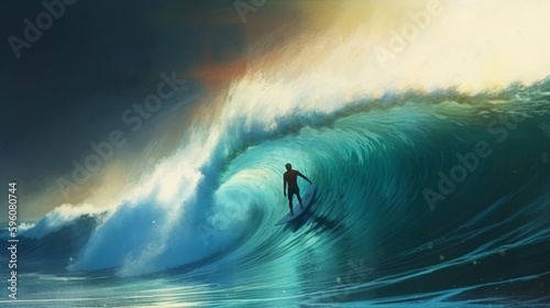 Surfer in ocean wave at sunset.generative ai