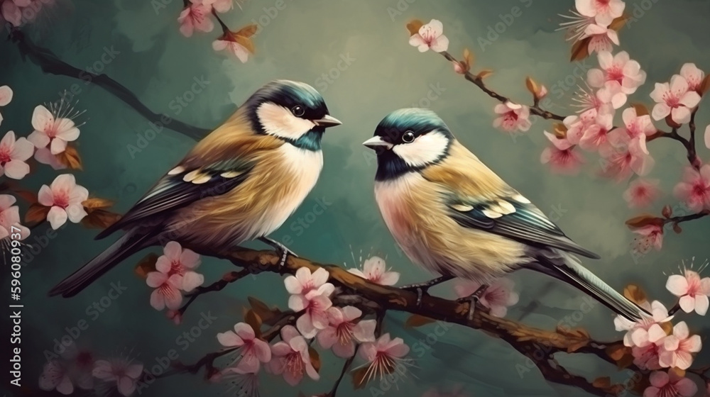 Obraz premium Two birds sitting on a branch of blooming sakura. Digital painting.generative ai
