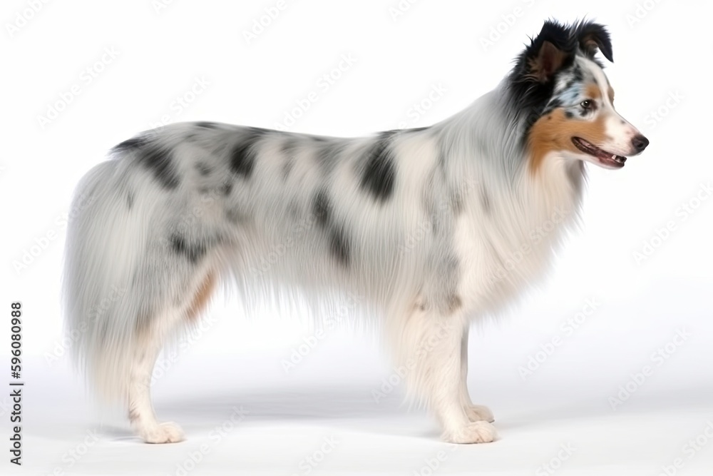 standing black and white dog on a plain white background. Generative AI