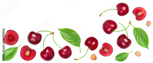 red sweet cherry isolated on white background. Top view with copy space for your text. Flat lay