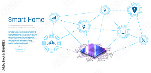 Banner of Smart Home technology. The building consists of numbers and is connected by icons of household smart devices. Intelligent home management system. 
