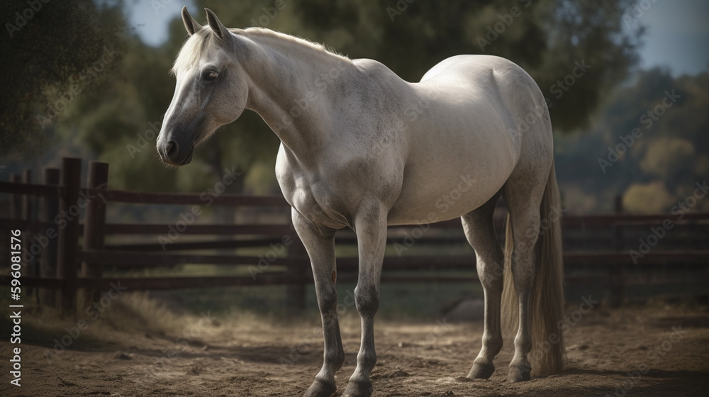 Fototapeta premium Beautiful white horse standing in a paddock on sunny summer day.generative ai