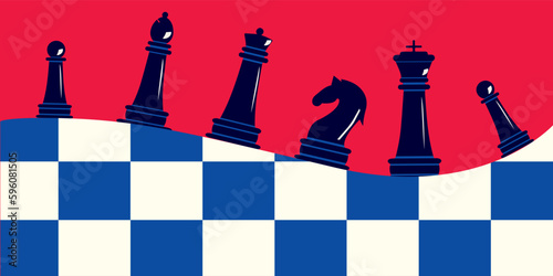 Chess pieces on a chessboard in a creative style on a red background.
