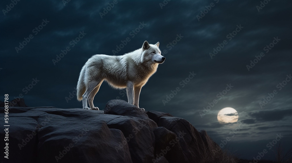 Fototapeta premium White wolf standing on the rocks in the dark blue sky background.generative ai