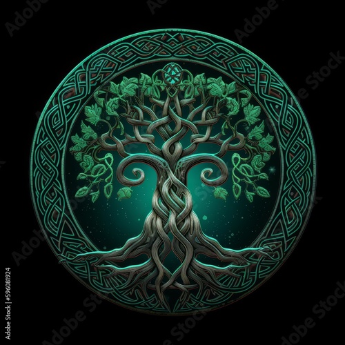 The Enchanting Celtic Tree of Life and Death in Emerald, Generative AI