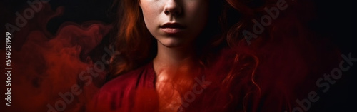 panoramic shot of beautiful girl with red smoke on black background.generative ai