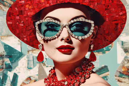 Beautiful woman wearing amazing sunglasses and jewelry with red stones. Fashion digital collage. Generative AI