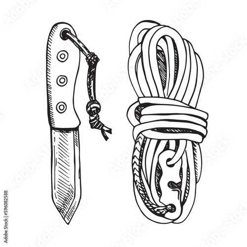 doodle icons. climbing equipment. rope and pocket knife vector illustration. hand drawn sketch
