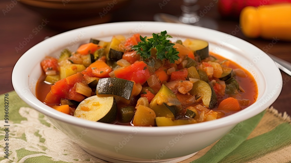 A bowl of French ratatouille a vegetable stew. Generative AI A bowl of French ratatouille a vegetable stew. Generative AI