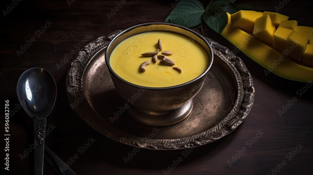 A bowl of Indian mango lassi a sweet milky drink. Generative AI