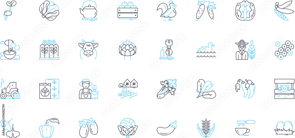 Ranch linear icons set. Horses, Cattle, Stables, Barn, Pastures, Hay, Rodeo line vector and concept signs. Cowboy,Wrangler,Wild West outline illustrations