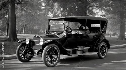 An old black and white photo of a vintage car on the street with a forest background. Generative ai