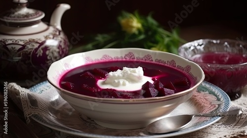 A bowl of Chlodnik a cold soup made with beets and sour cream. Generative AI