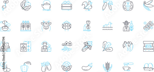 Ranch linear icons set. Horses, Cattle, Stables, Barn, Pastures, Hay, Rodeo line vector and concept signs. Cowboy,Wrangler,Wild West outline illustrations
