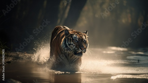 Feel the raw power and energy of wildlife with this stunning stock photo of a majestic tiger galloping through a river