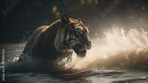 Feel the raw power and energy of wildlife with this stunning stock photo of a majestic tiger galloping through a river