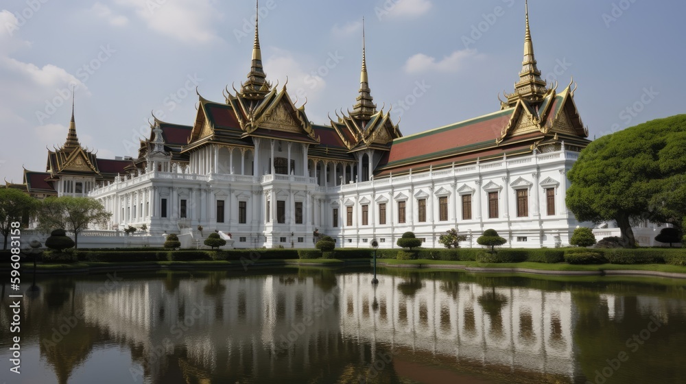 A grand white palace with a reflective moat. Generative AI A grand white palace with a reflective moat. Generative AI