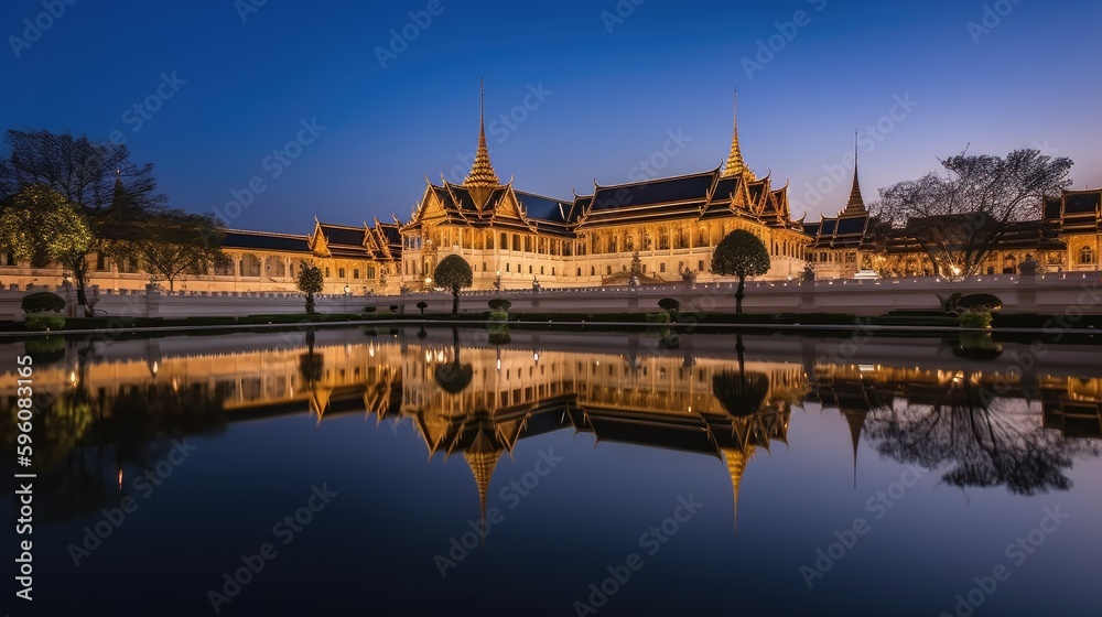 A grand palace with a reflective moat at night. Clear sky. Generative AI