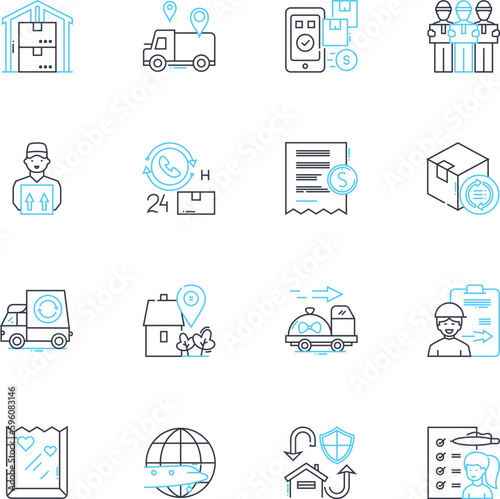 Freight transport linear icons set. Cargo, Logistics, Shipment, Transport, Delivery, Haulage, Container line vector and concept signs. Import,Export,Trucking outline illustrations