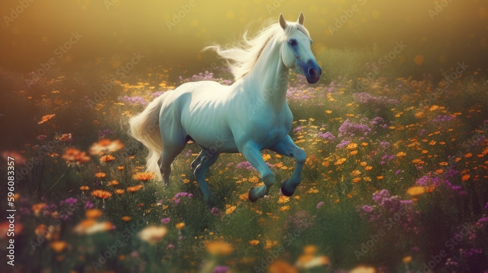 A mythical enchanting horse on a beautiful field. Generative AI A mythical enchanting horse on a beautiful field. Generative AI