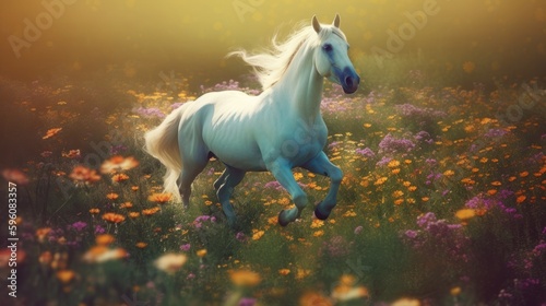 A mythical enchanting horse on a beautiful field. Generative AI © Mockup Station