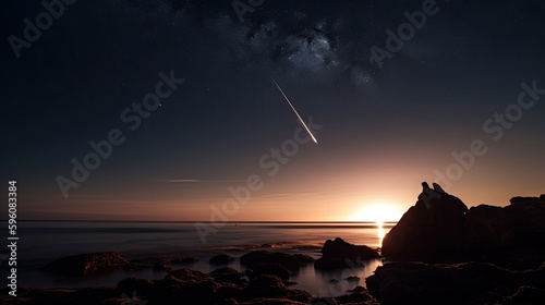 A mystical shooting star on the sunset over the ocean and mountain. Paranomic view. Generative AI photo