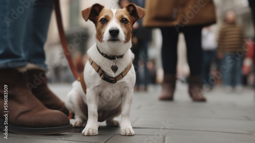 Urban pet portrait. Close-up of a dog standing on a city pathway. Generative AI